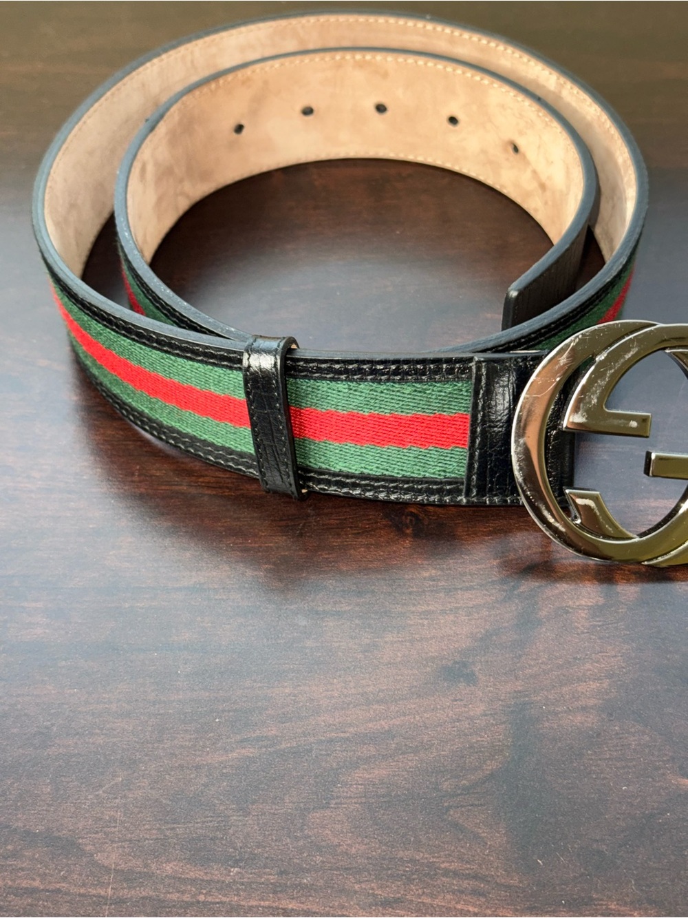 Gucci Black Leather Belt with Green and Red Web Stripe and Silver GG Buckle - Picture 3 of 3
